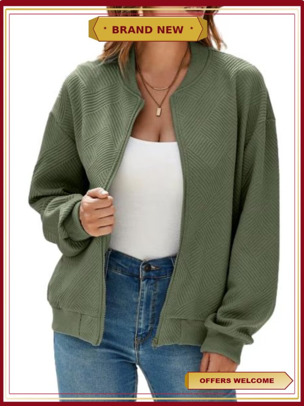Womens Bomber Jacket Lightweight Zip Up Stand Collar Fall Coat with Pockets